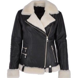 Womens Side Zip Biker Leather Jacket with Sheepskin Collar and Cuffs Black